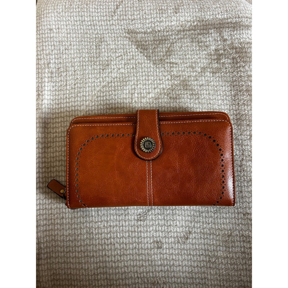 Womens Cognac Brown Faux Leather Wristlet Wallet  Zip Around Clutch Organiser